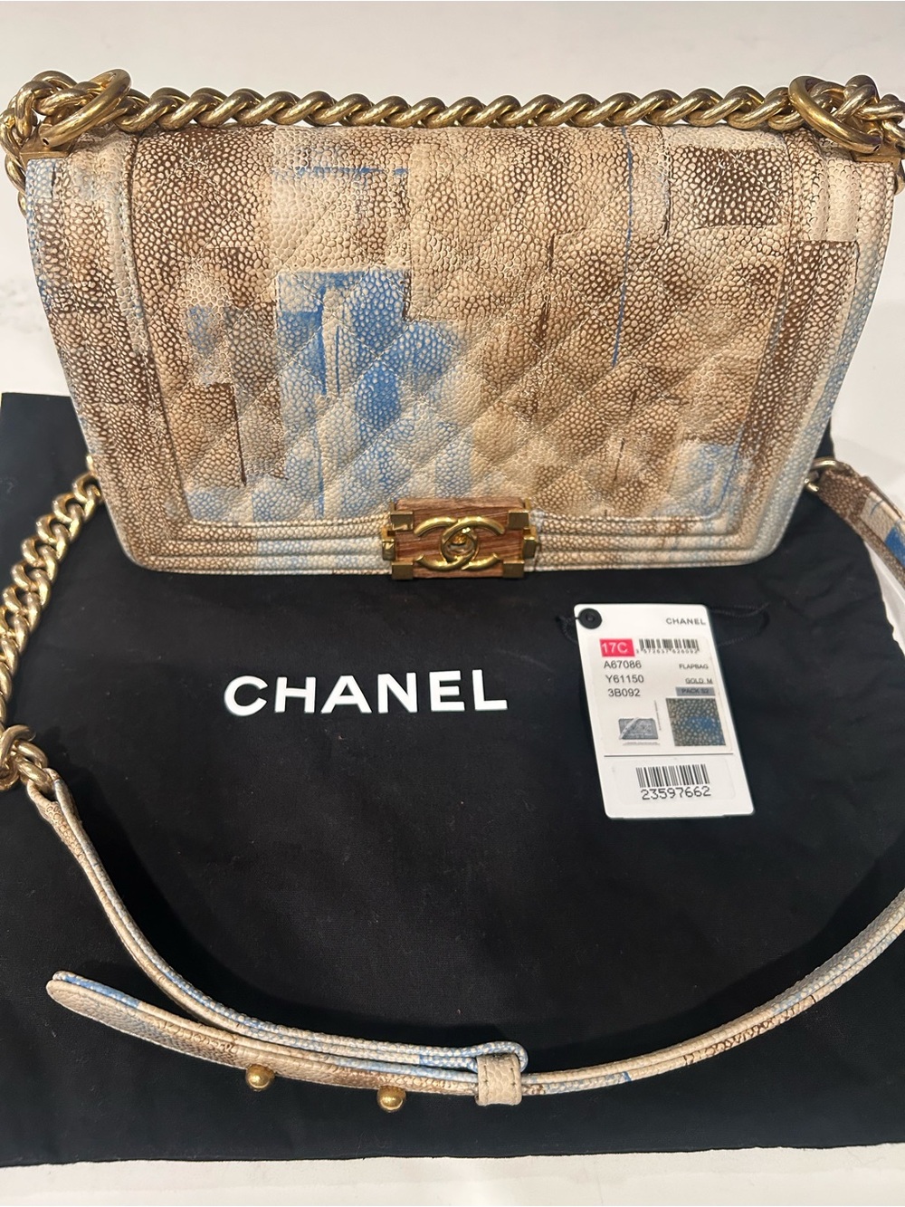 CHANEL Beige and Blue Quilted Boy Flap Shoulder Bag with Gold Hardware